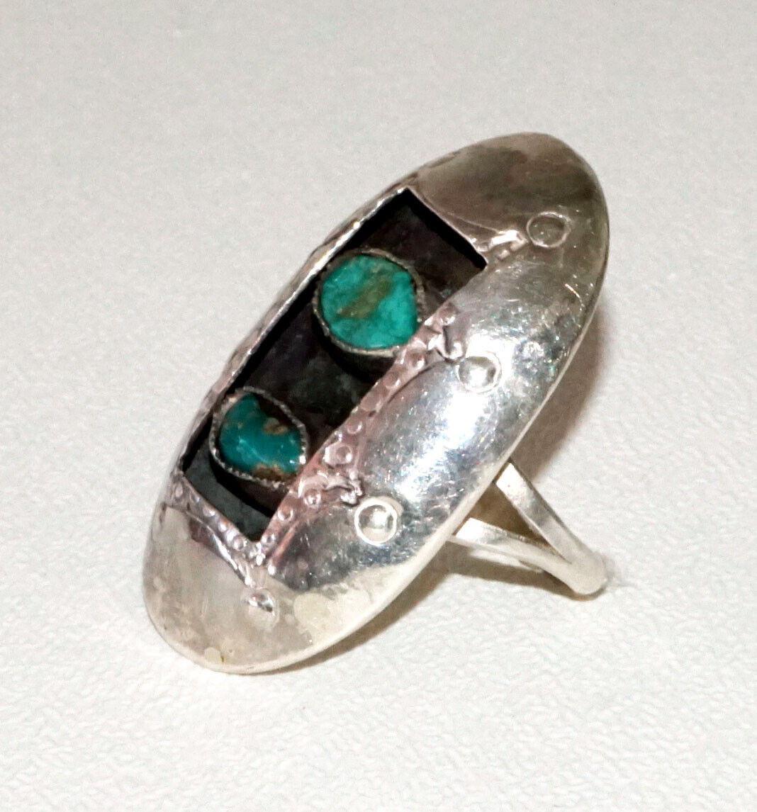 Vintage Oval Silver Ring Sz 7 set w. 2x Turquoise Cabochons unsigned (RgR)
