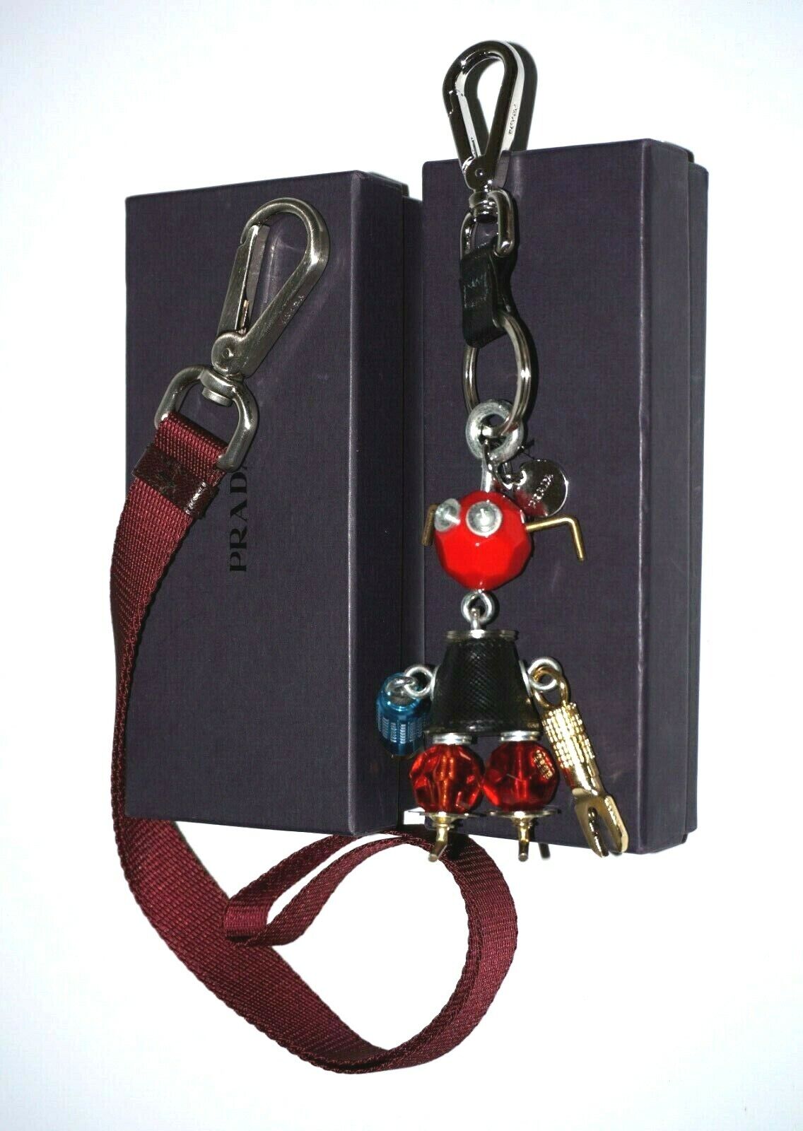2Pc Vintage Prada Mixed Lot Men's Robot Bag Charm & Fabric Key Chain (CWo)