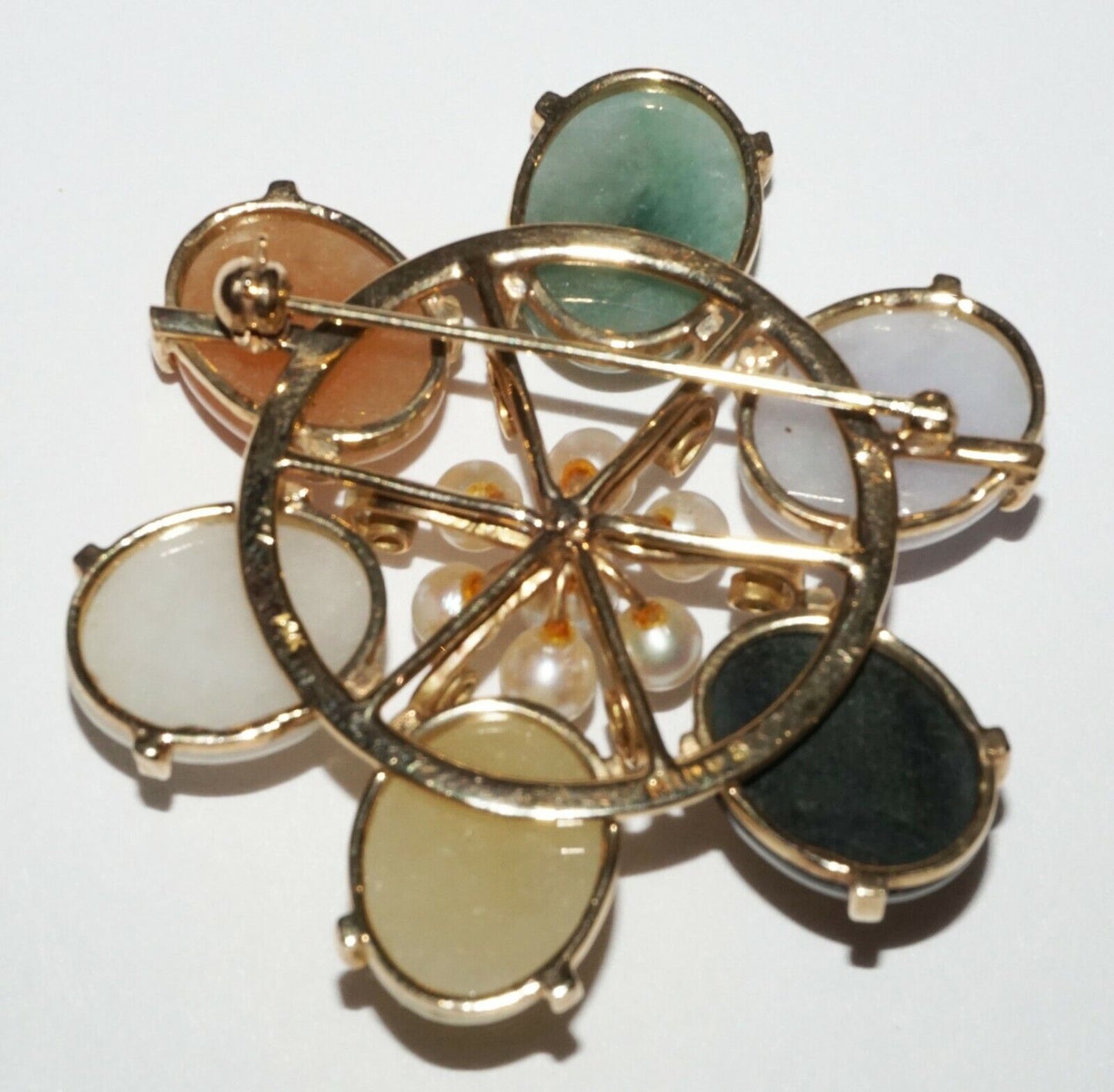 Chinese 14k Yellow Gold Brooch 5+1x Multicolor Jades & 7x Pearls Ming's (NaD)#6a