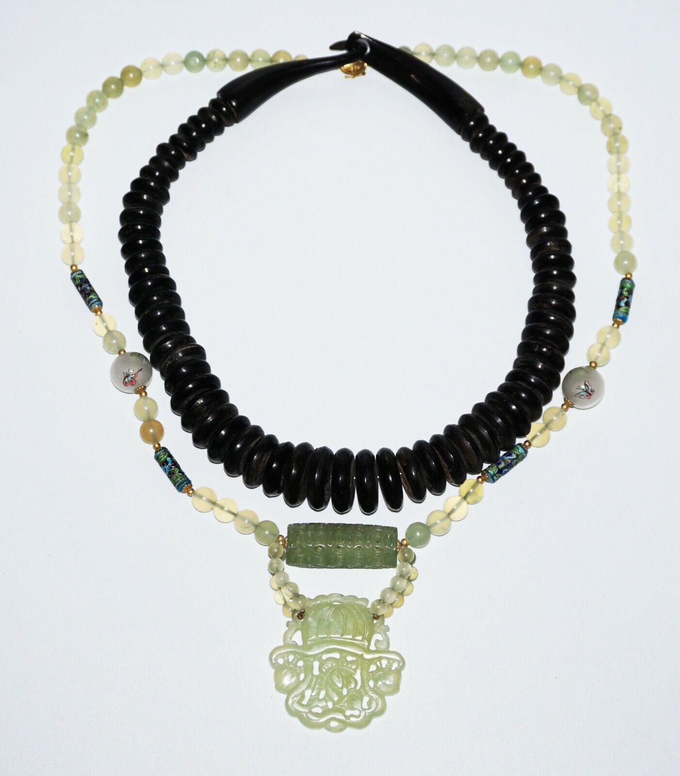 2x Vintage Chinese Horn & Hard-stone & Glass Bead Necklace w. Pendant (NoN)C2