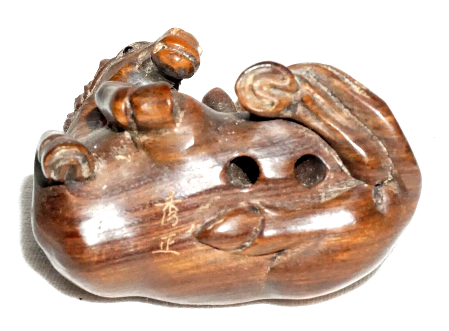 Vintage Japanese Carved Wooden Netsuke Monkey Seated on a Horse signed (FeH