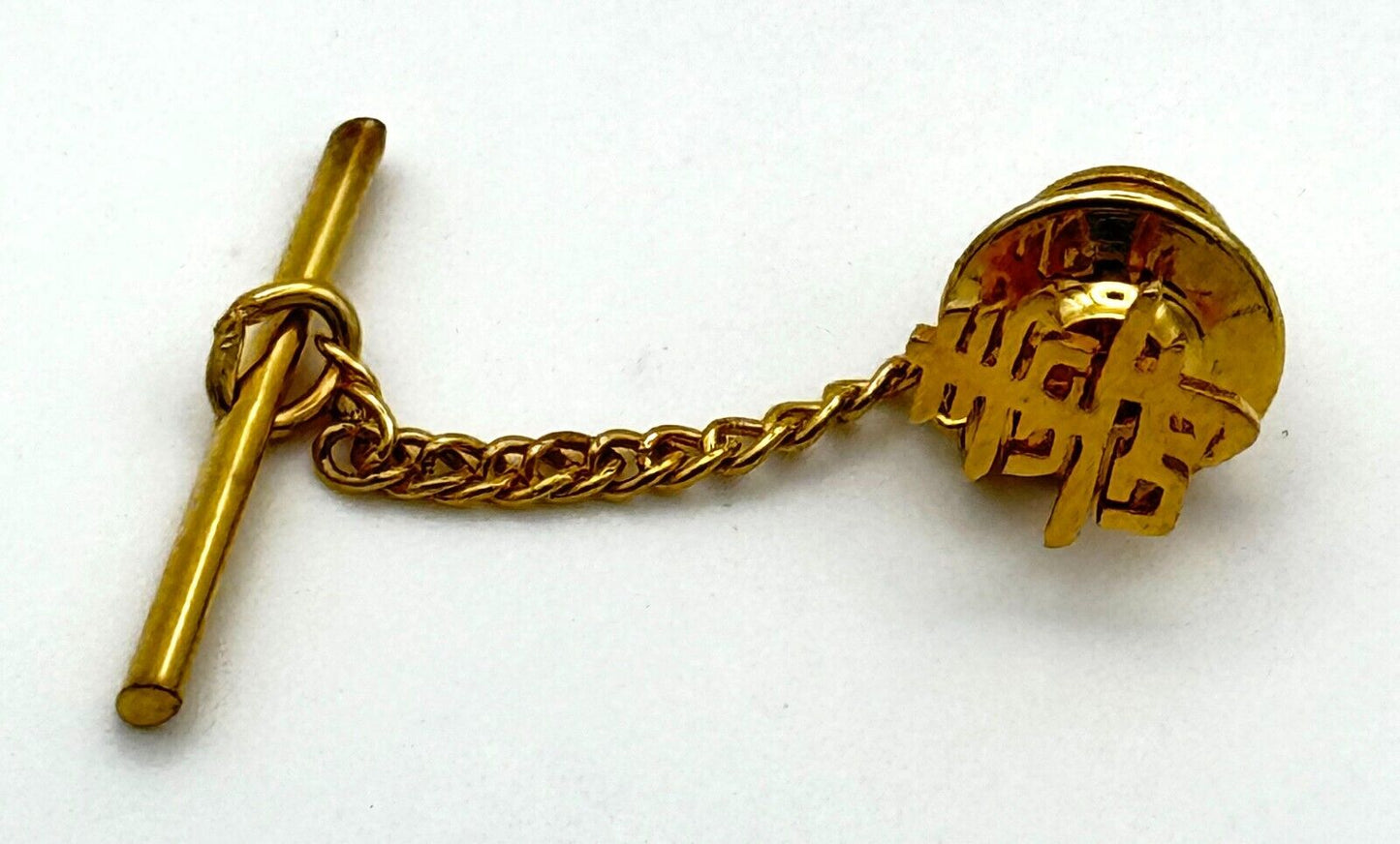Vintage 14k Yellow Gold Good Luck Symbol Tie Tack w Bar & Chain (MiM)