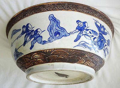 EARLY 20CT CHINESE BLUE & WHITE LG STONE WARE BOWL w. WARRIOR MOTIFS (BTG)