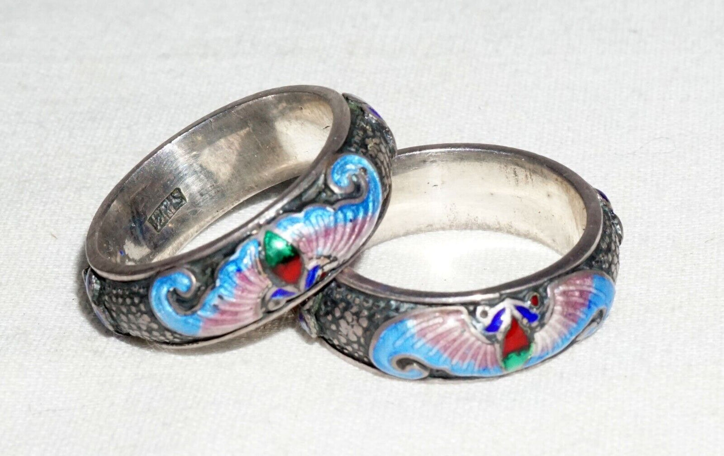 2Pc Chinese Silver & Multicolor Enamel Rings Sz.5 w. Bat Motifs (---)