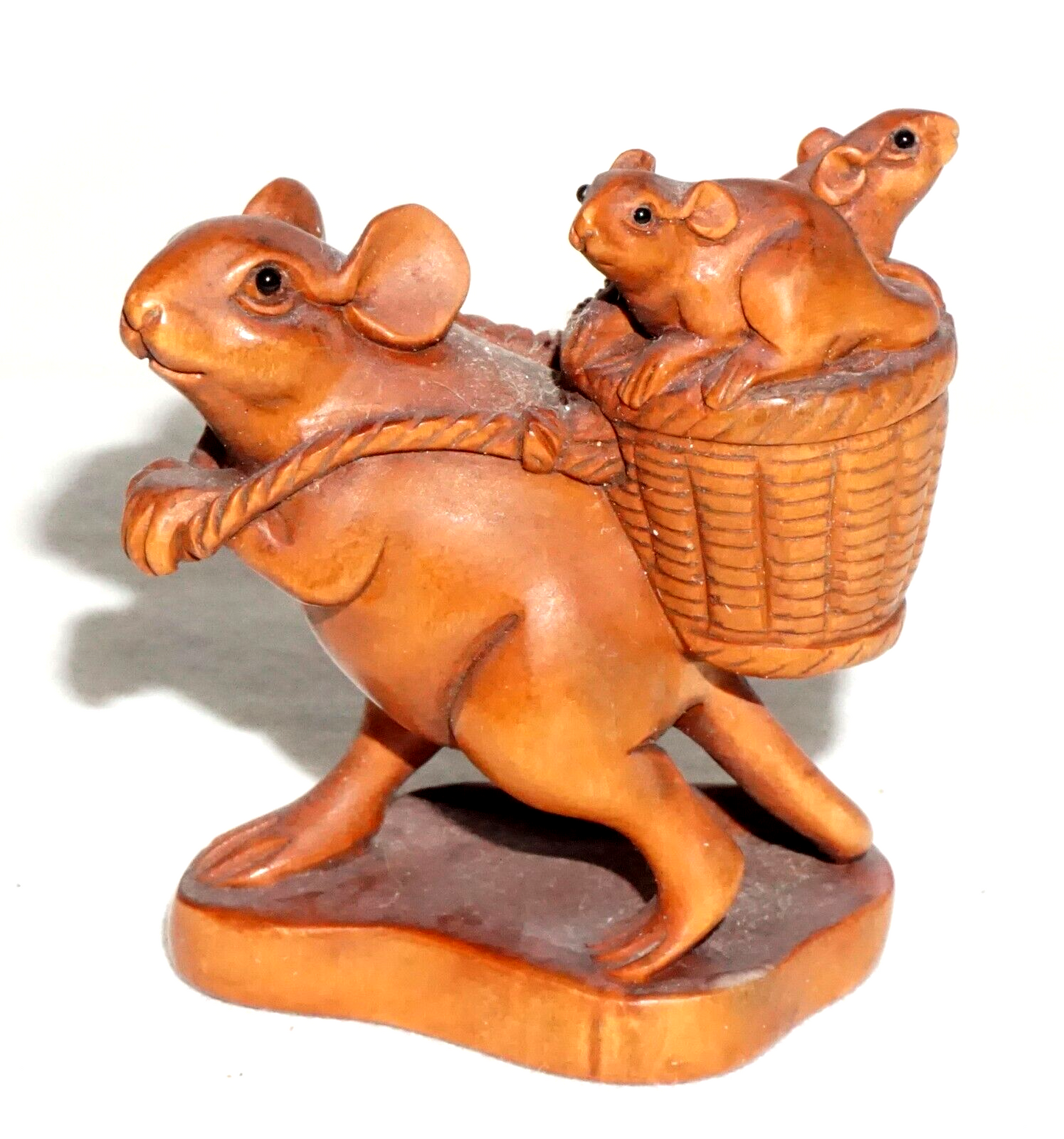 Vintage Japanese Carved Wooden Netsuke Mouse w. Basket & Babies (FeH