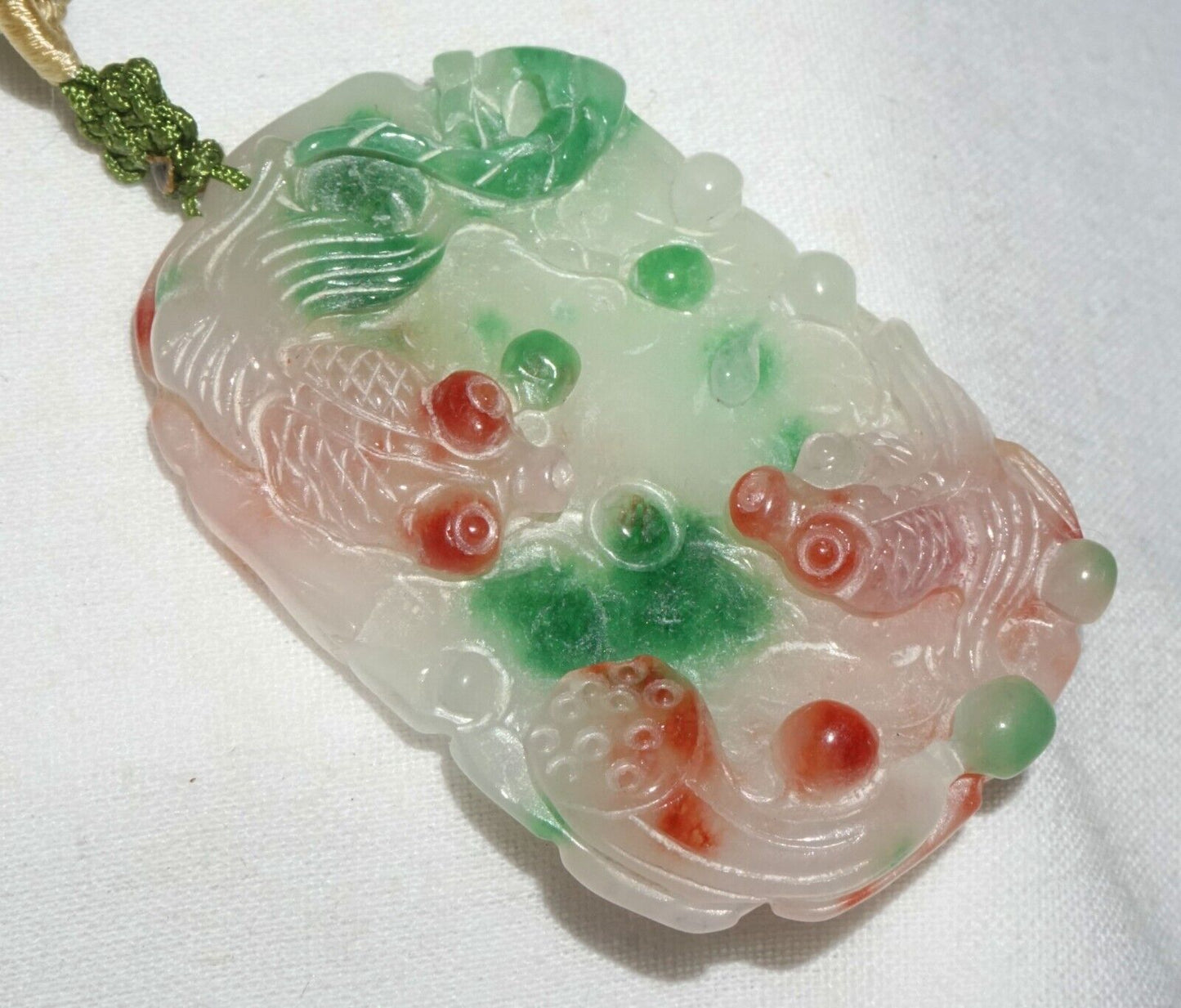 Vintage Chinese Semi Translucent Jadeite Jade Pendant w. Goldfish Motifs (---)