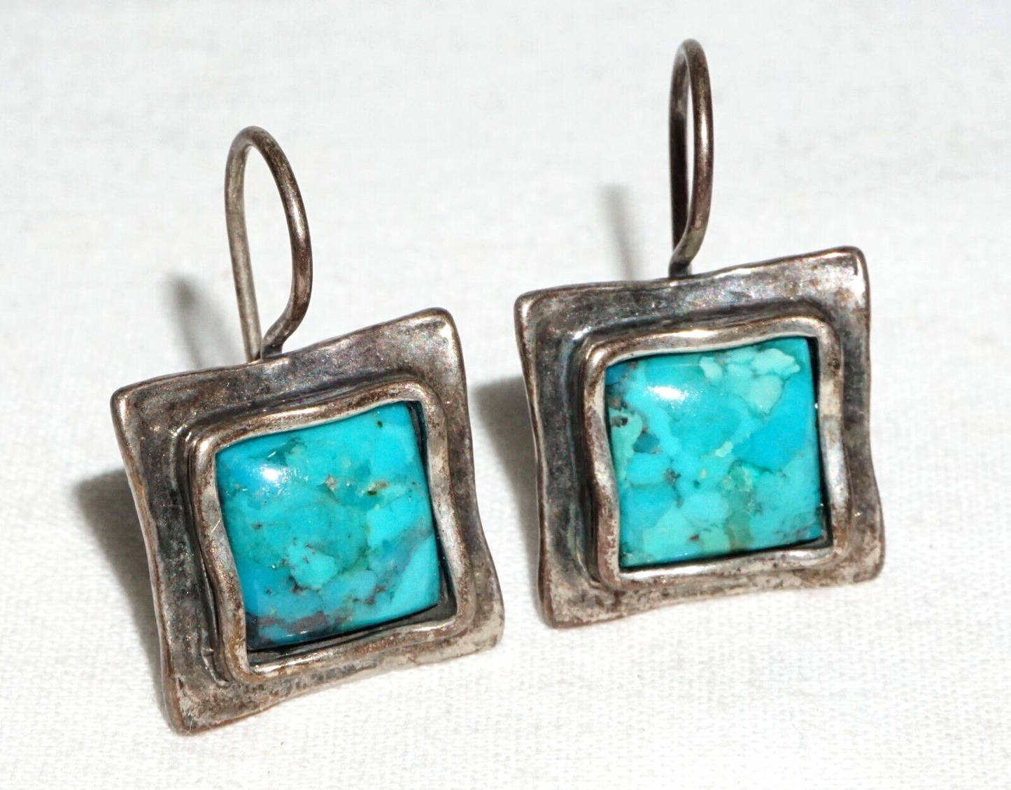Vintage Sterling Silver Pierced Ear Earrings w. Square Turquoise Accents (---)