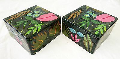 Pair 1980s Haitian Wooden Covered Boxes w. Painted Floral Motif (Stea)