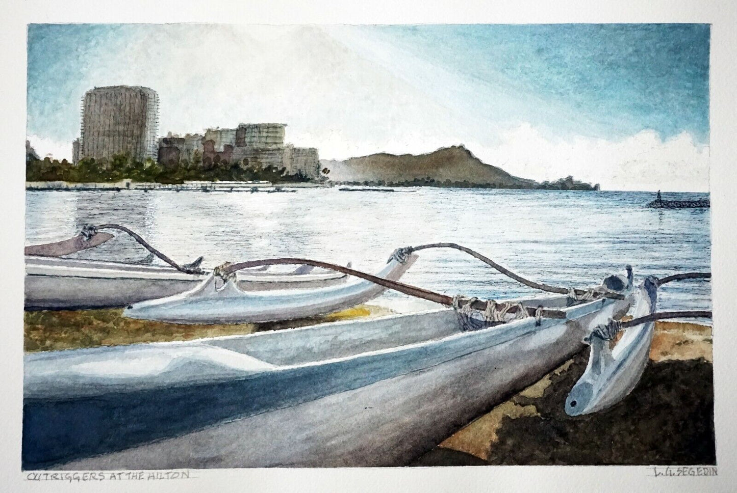 Hawaii Watercolor Painting "Outrigger Canoes @ Hilton Lagoon" by L. Segedin #118