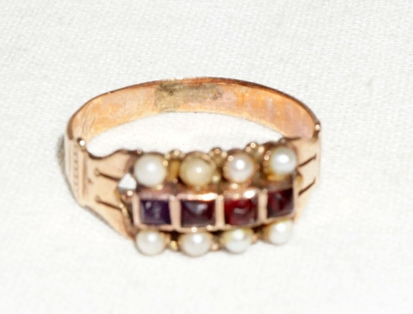 Antique English Victorian 14k Rose Gold Ring Sz.5.5 w 4x Garnets & 8 Pearls(---)