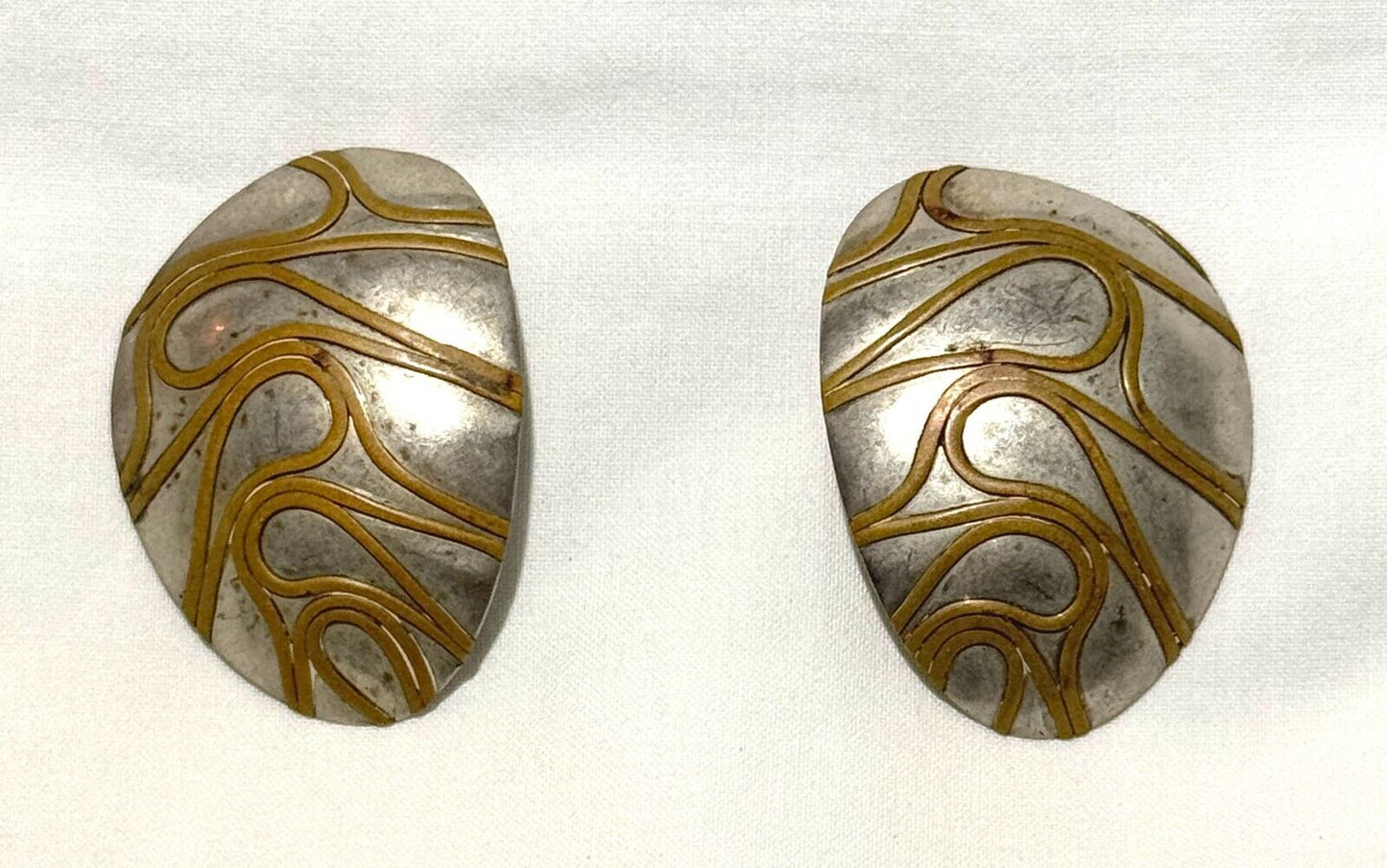 Modernist Silver Plate & Bronze Abstract Non Pierce Earrings Marked GM (KiL)22