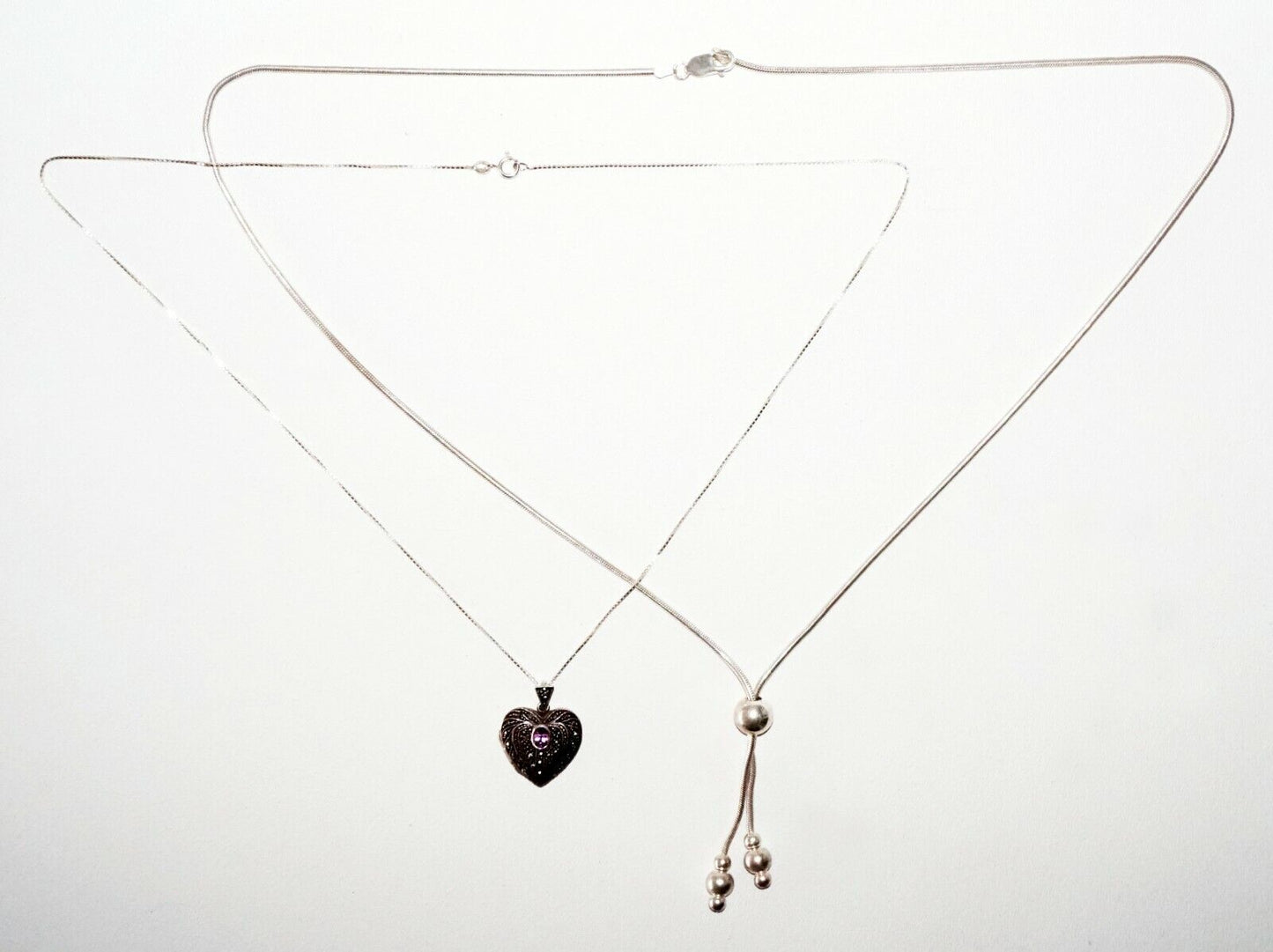 3Pc Vintage Sterling Silver Necklaces & Heart Motif Locket Pendant (SaR)#189