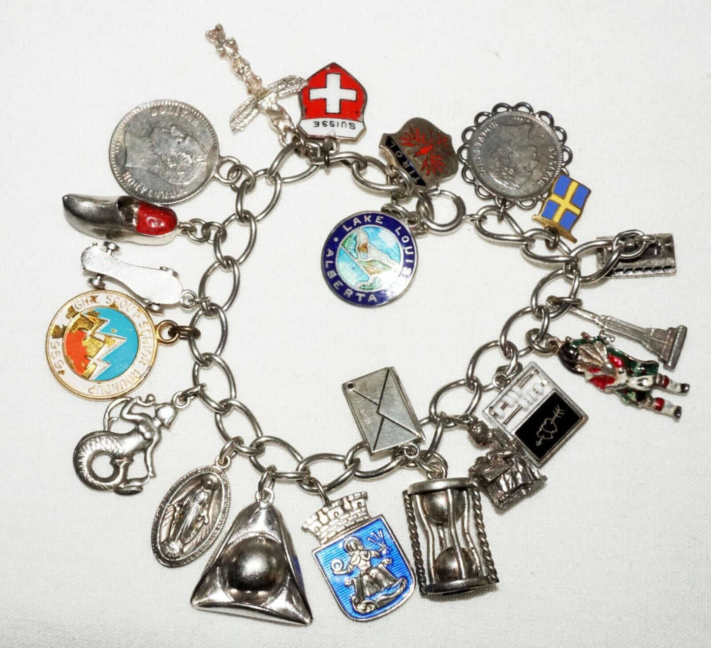 Vintage Sterling Silver 21x World Travel Charms Bracelet incl. Coins etc(KoS) L8