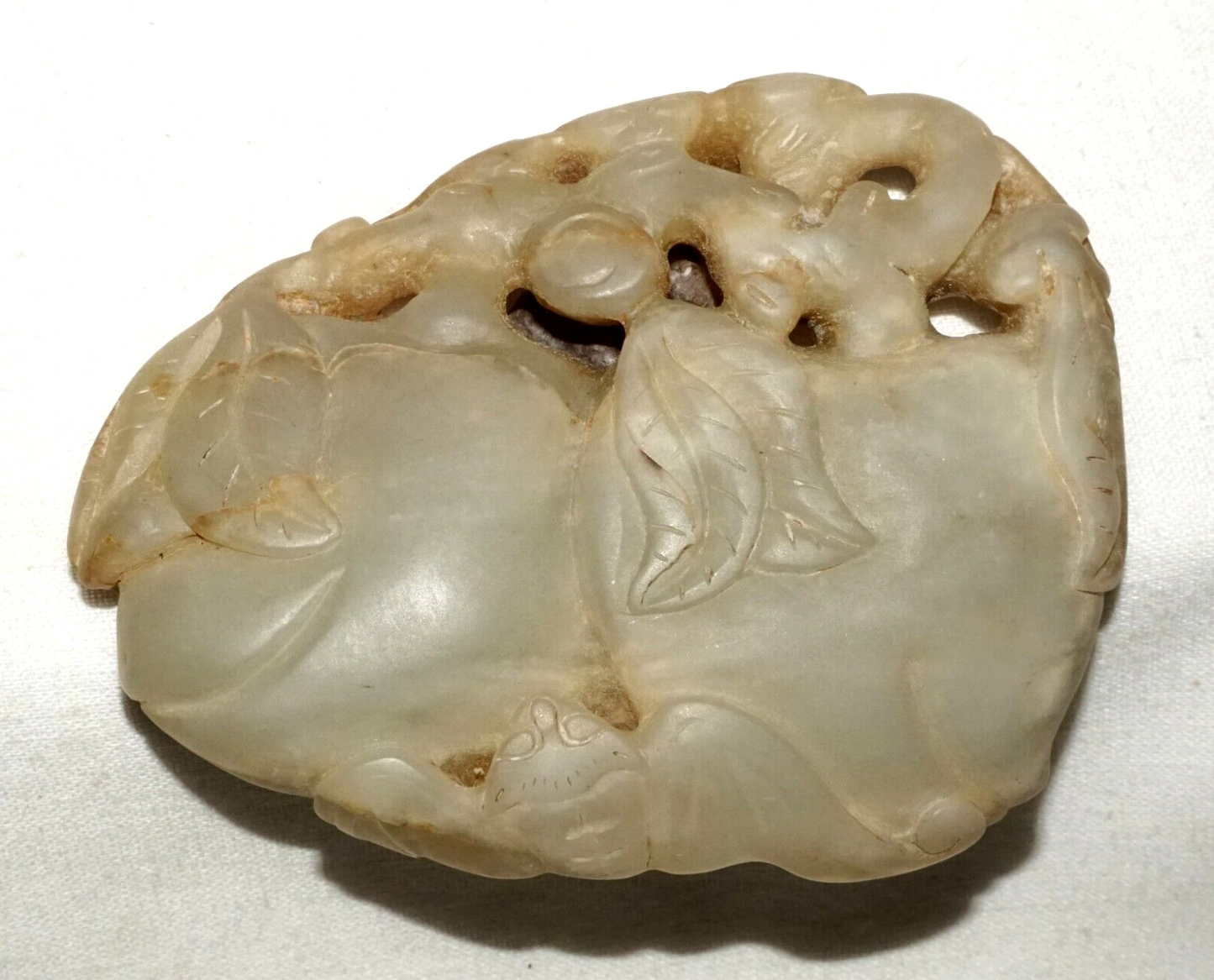 Antique Chinese Large Jade Carving Double Peaches & Double Bat Motif (Les)L21
