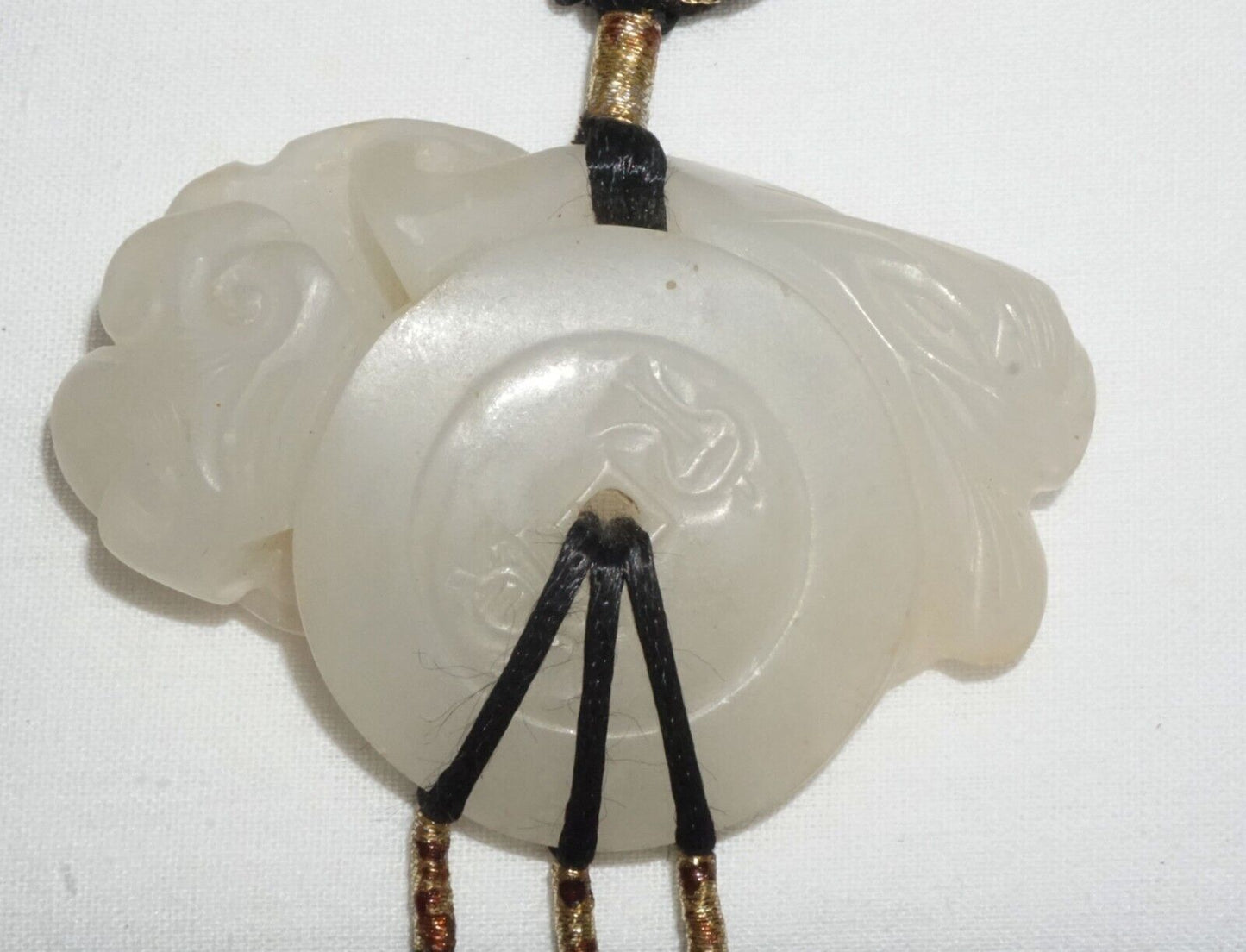 19C Chinese Nephrite Jade Pendant w. Bat & Coin Motif on Cord Necklace (FeL)