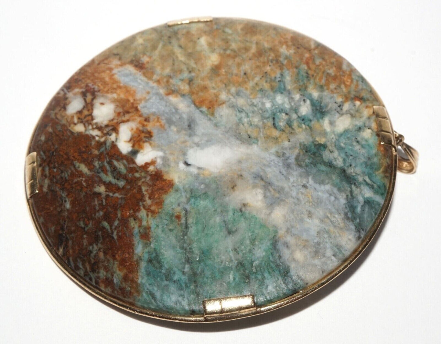 Chinese 14K Yellow Gold Brooch Pendant w. Picture Jade Disk by Ming's (LeS) G10