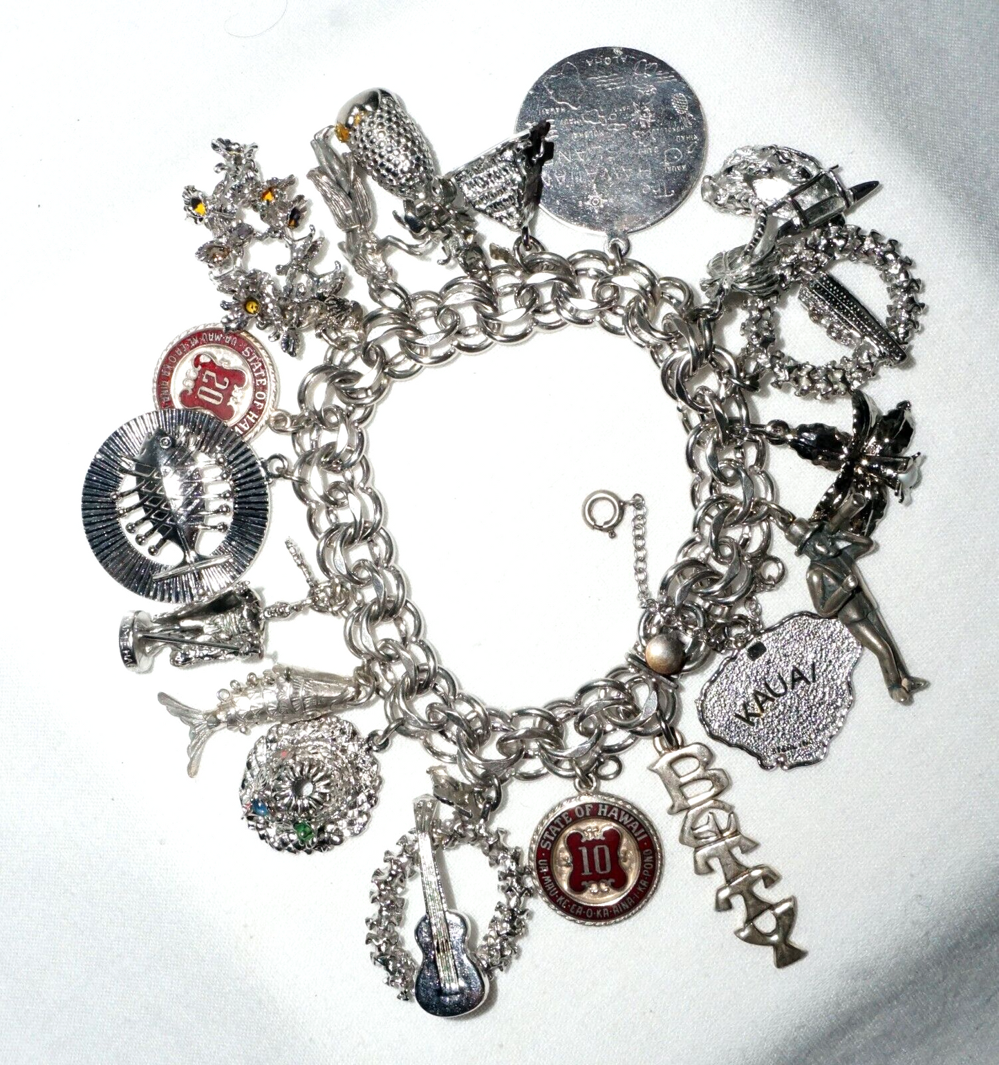 Vintage Sterling Silver Charm Bracelet w. 18x Hawaii Themed Charms (BrM)#6