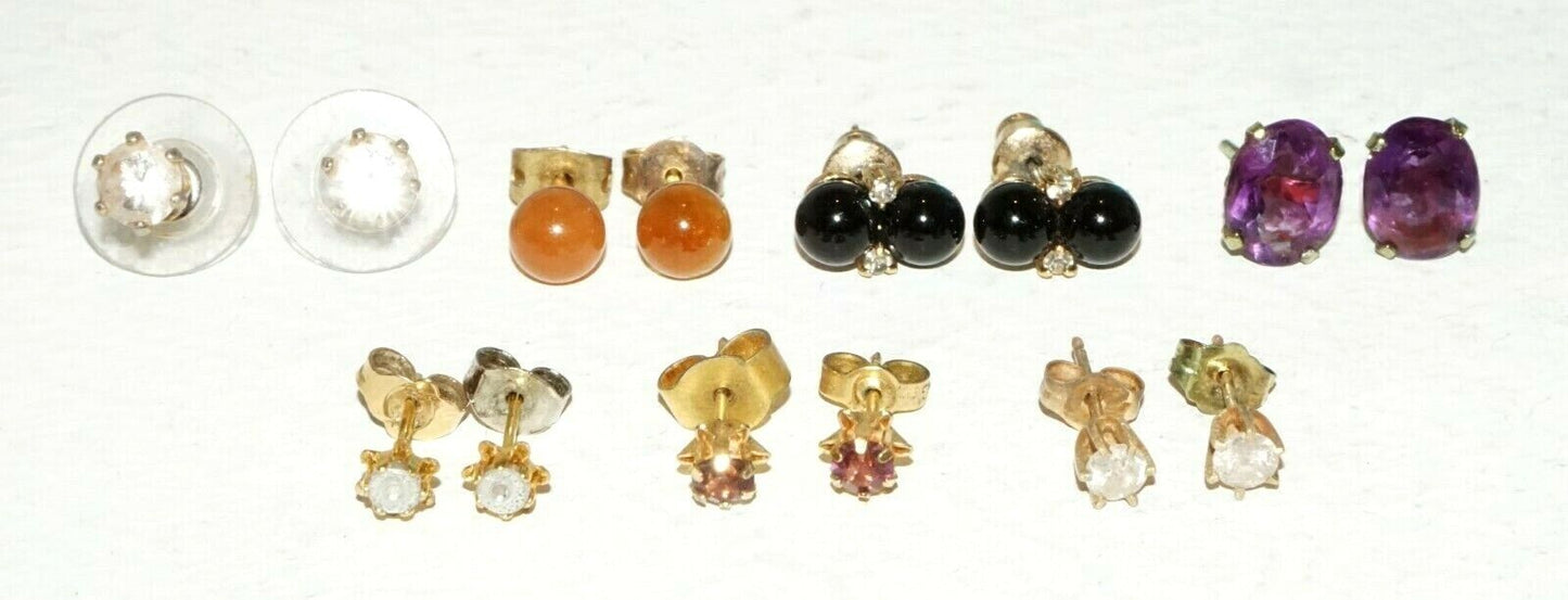 7x Pairs Stud Earrings w. Onyx Diamonds Jade Amethyst & Synthetic Gems (BrM)#41