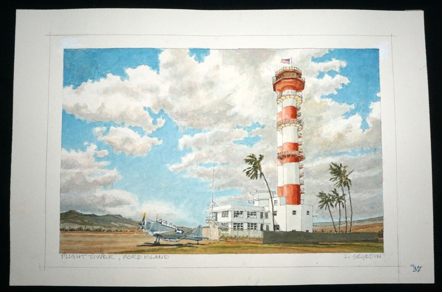 Orig. Hawaii Watercolor Painting "Flight Tower @ Ford Island" by L. Segedin #37