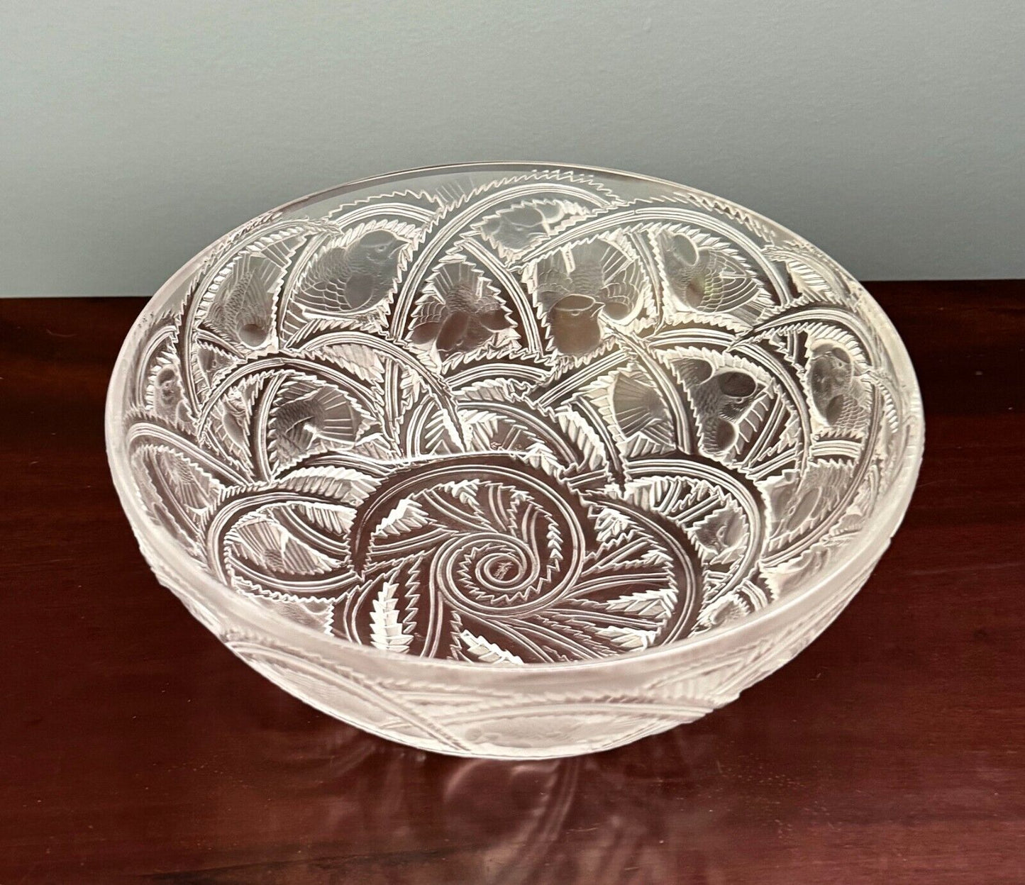 Vintage French Lalique Crystal Pinsons Finches Bird Bowl 9.25" (AHB)