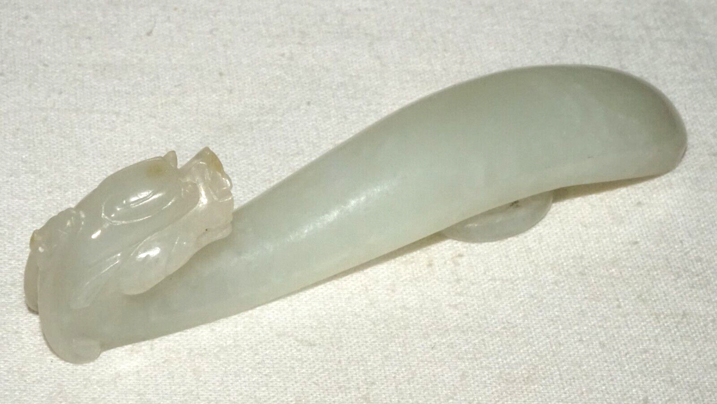 Antique Chinese Grey Green Nephrite Jade Dragon Belt Hook (UVi)#23