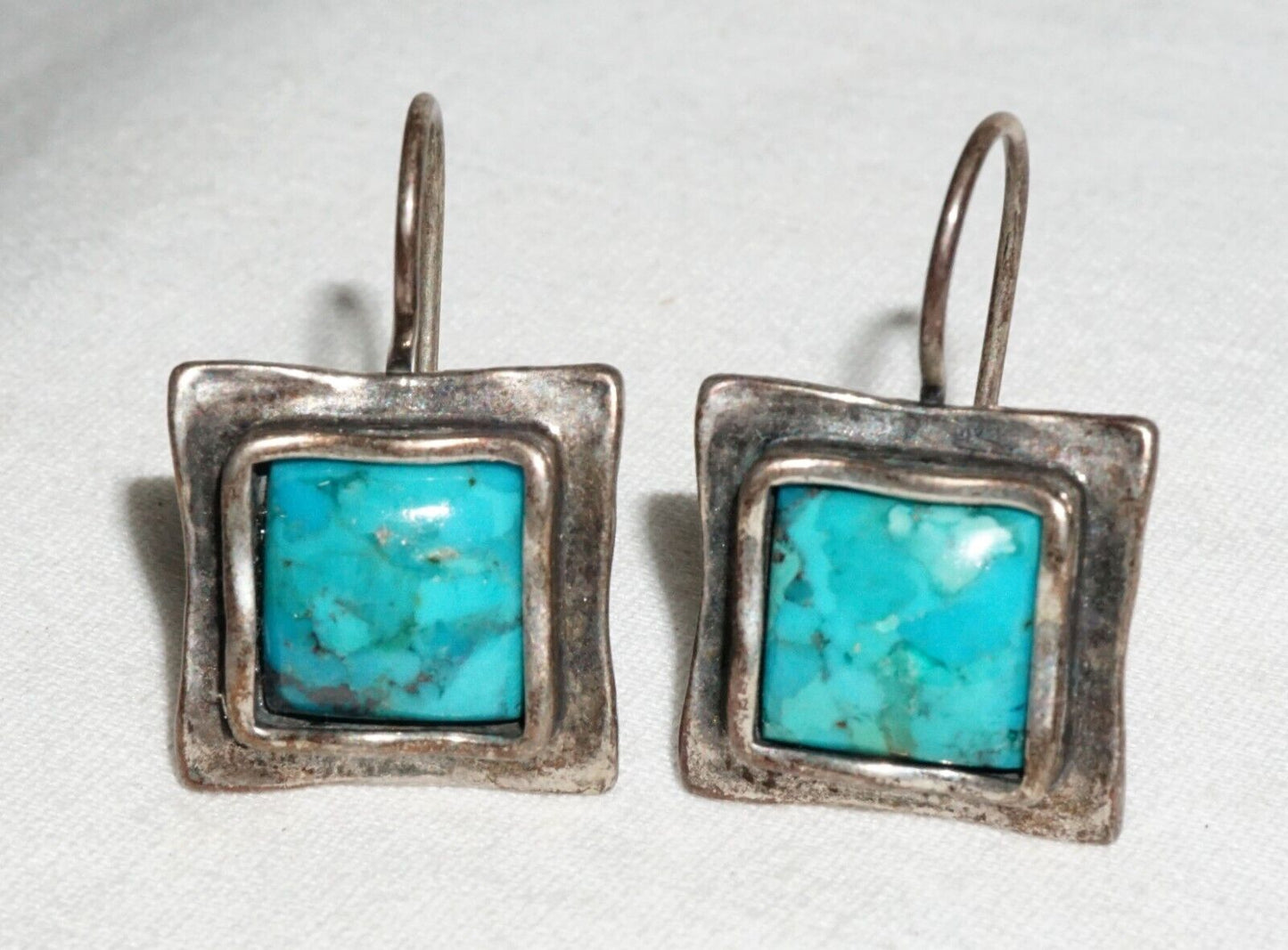 Vintage Sterling Silver Pierced Ear Earrings w. Square Turquoise Accents (---)