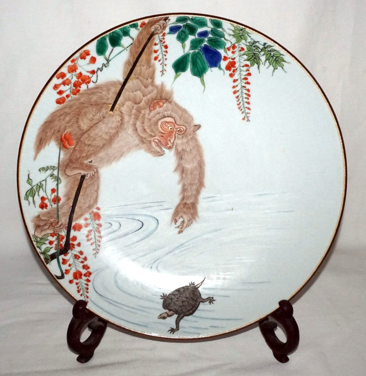Japanese Meiji Kutani Ware Large Porcelain Plate w Monkey & Hairy Tortoise (FeH)