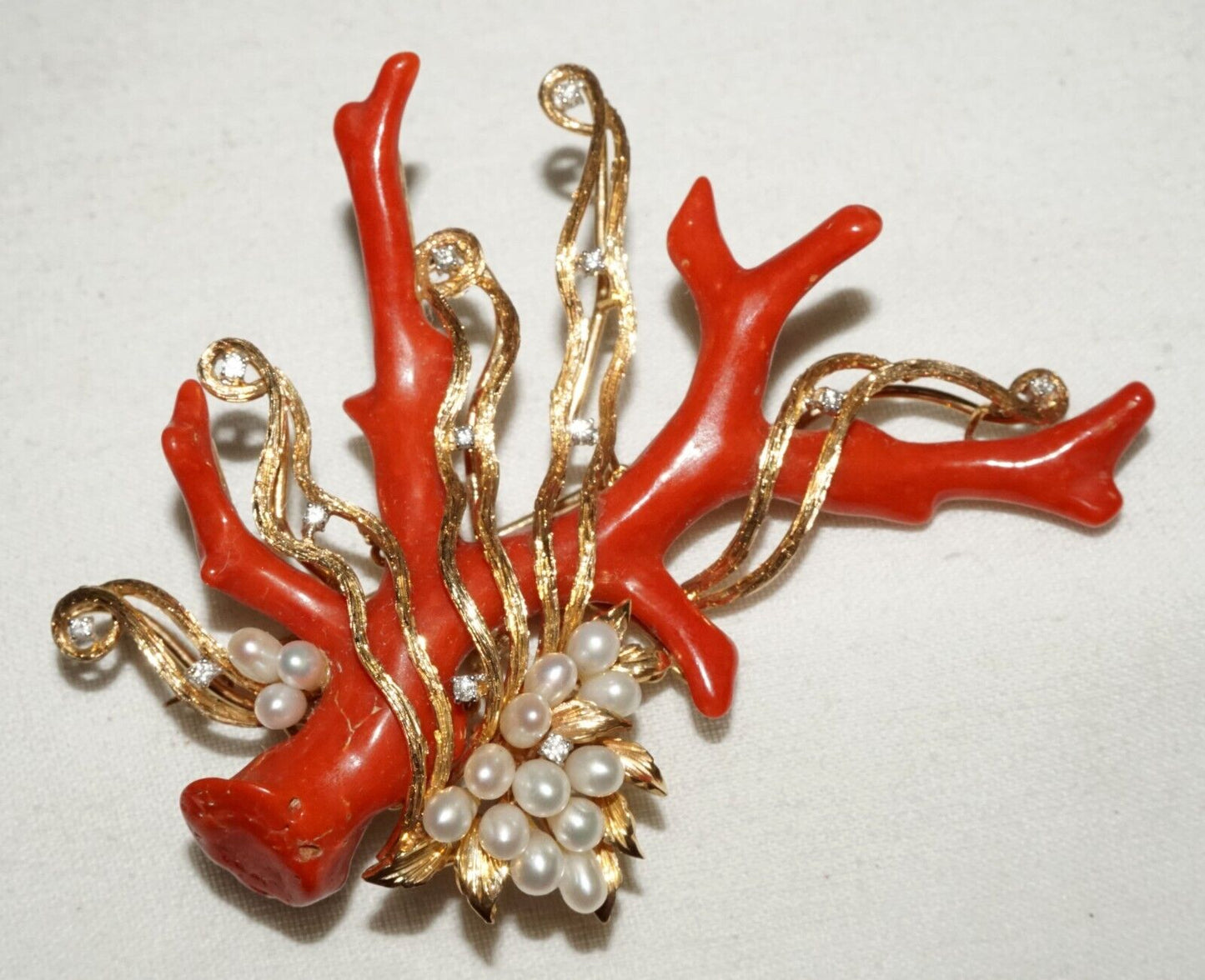 Vintage HK 14K Yellow Gold Brooch Pendant w Coral Branch Pearls & Diamonds (PaS)