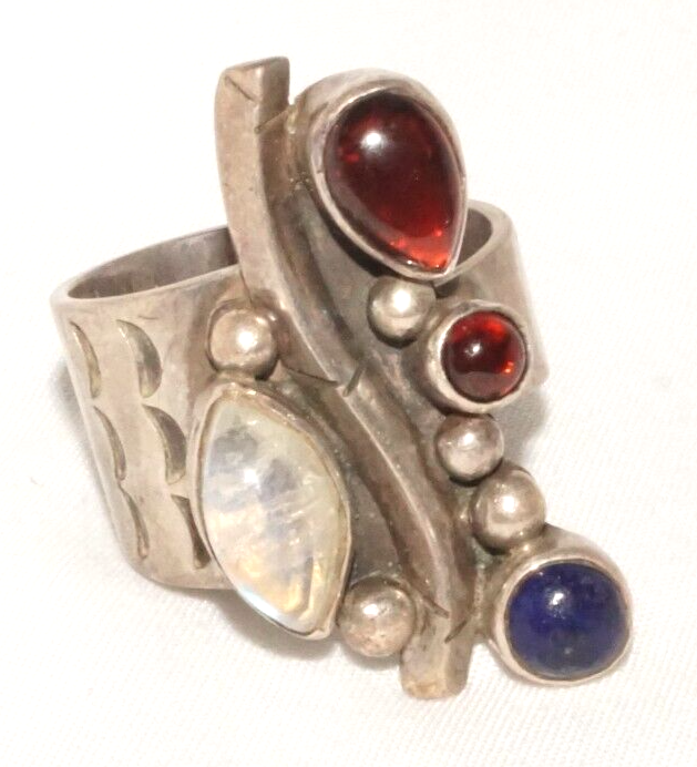 Vintage Sterling Ring Accented w Tanzanite, Garnet & Moonstone Adjust Sz (LoC)L2