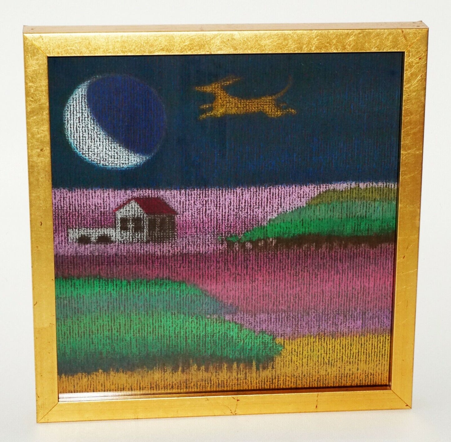 Hawaii Framed Oil Pastel Painting A Dog Chasing the Moon by Noelani Block (BrB)