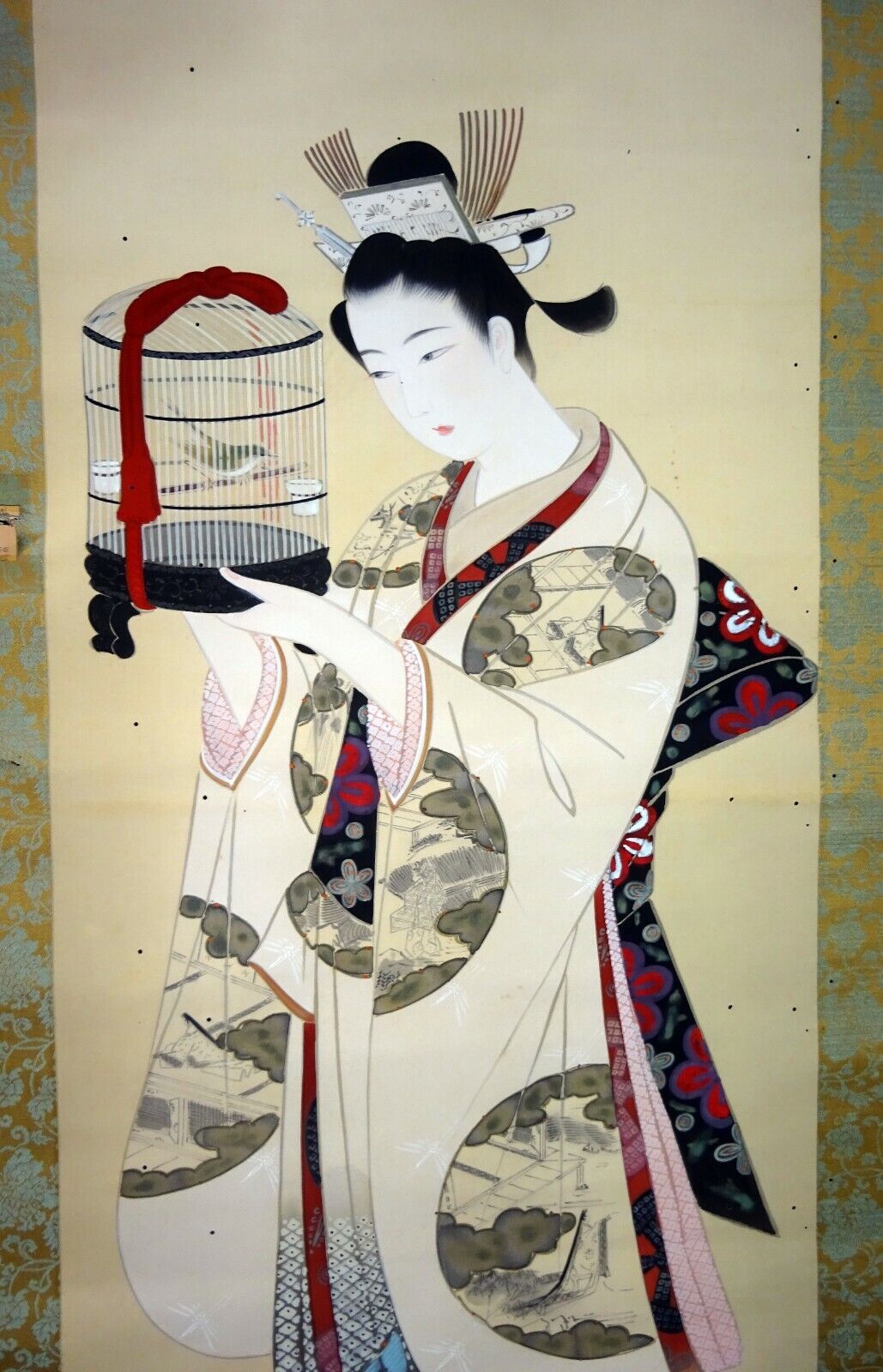 Japanese Taisho Showa Bijin Painting Beautiful Woman w. Bird Cage signed (Fuj)