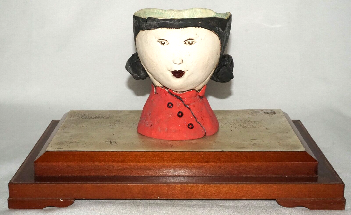 Contemp. Hawaii Pottery Sculpture Girl Cup on Stand in Box by Jo Rowley (CuM)
