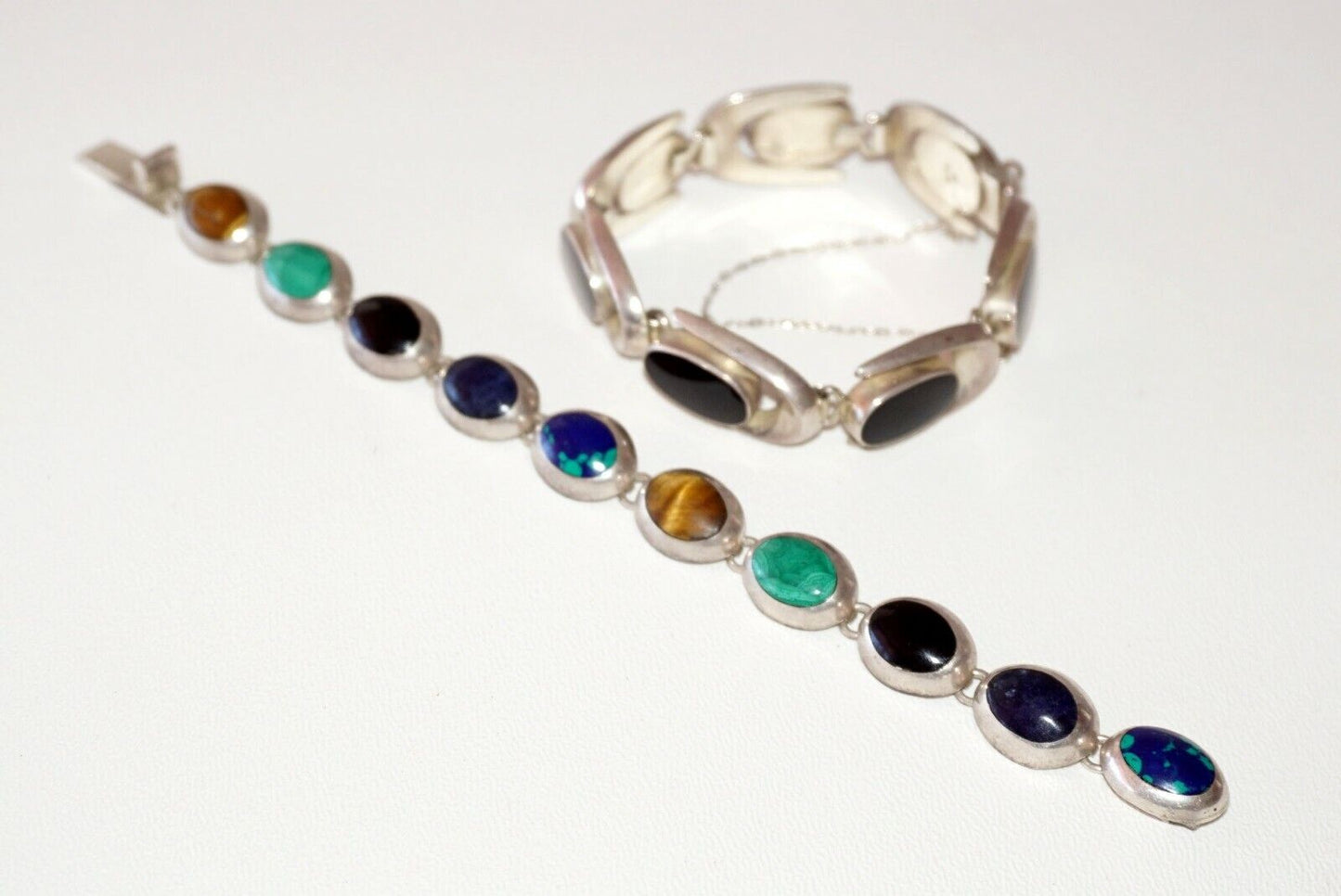 2Pc Modernist Sterling Silver Bracelets Onyx Turquoise Lapis Tigereye (NoN)B20