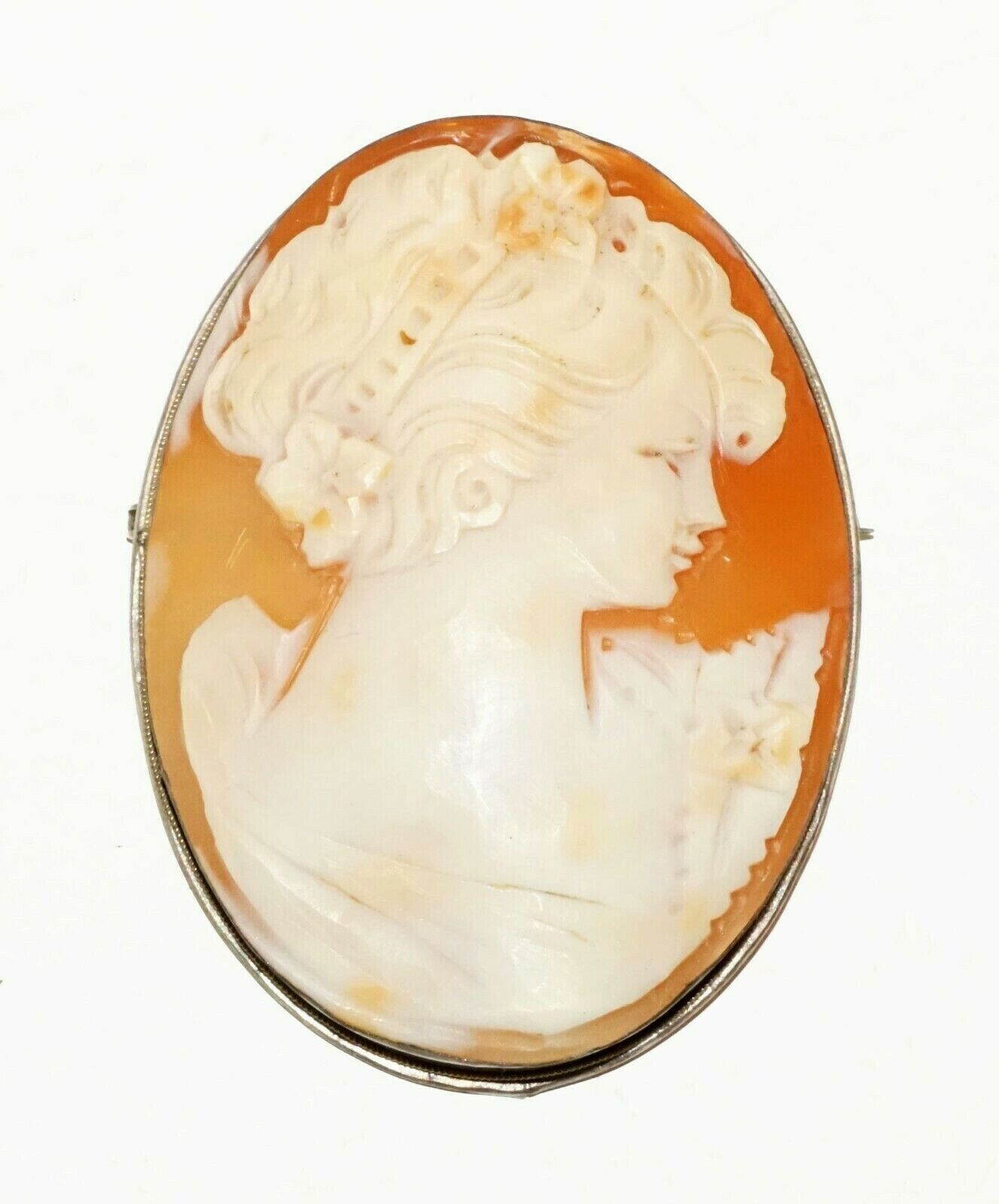 Italian Sterling Silver Shell Cameo Brooch Pendant w. Female by Giorgio (BrM)#9