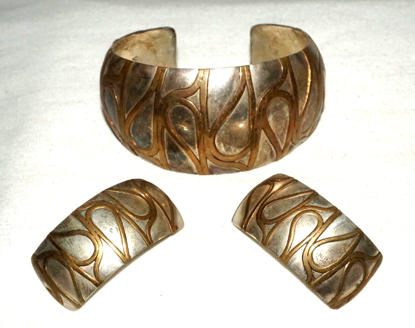 3Pc Vintage Silver & Brass Curvilinear Motif Cuff Bracelet & Earring by GM (KiL)
