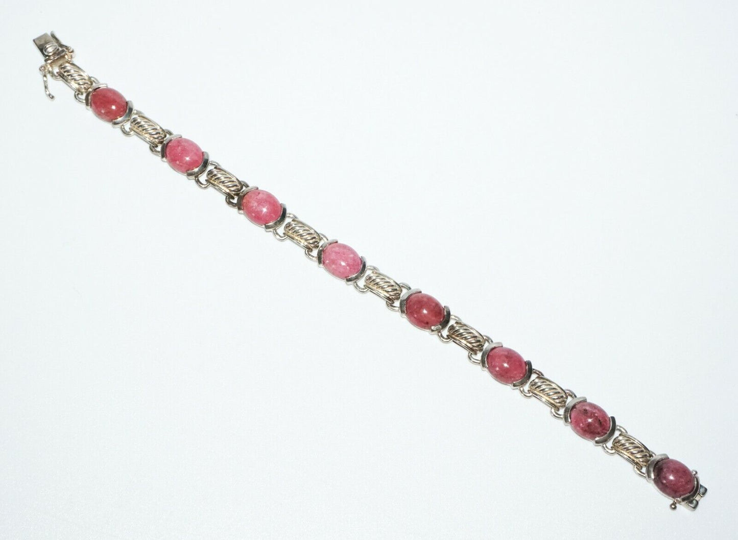 Vintage Hong Kong Sterling Silver Bracelet w 8x Oval Rhodonite Accents (SaR)#204