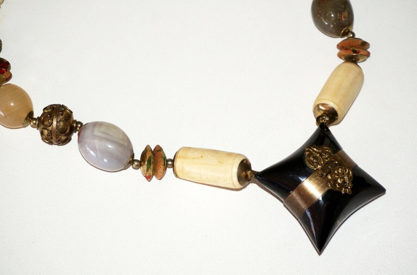 Modernist Bone Stone Brass Bead Necklace w. Resin Pillow Locket Pendant (Bsg)#39