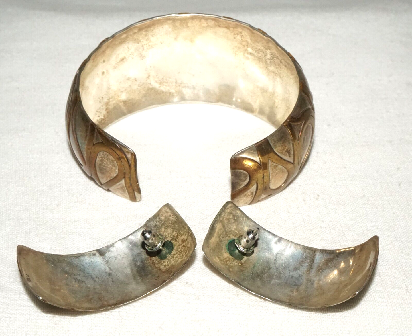 3Pc Vintage Silver & Brass Curvilinear Motif Cuff Bracelet & Earring by GM (KiL)