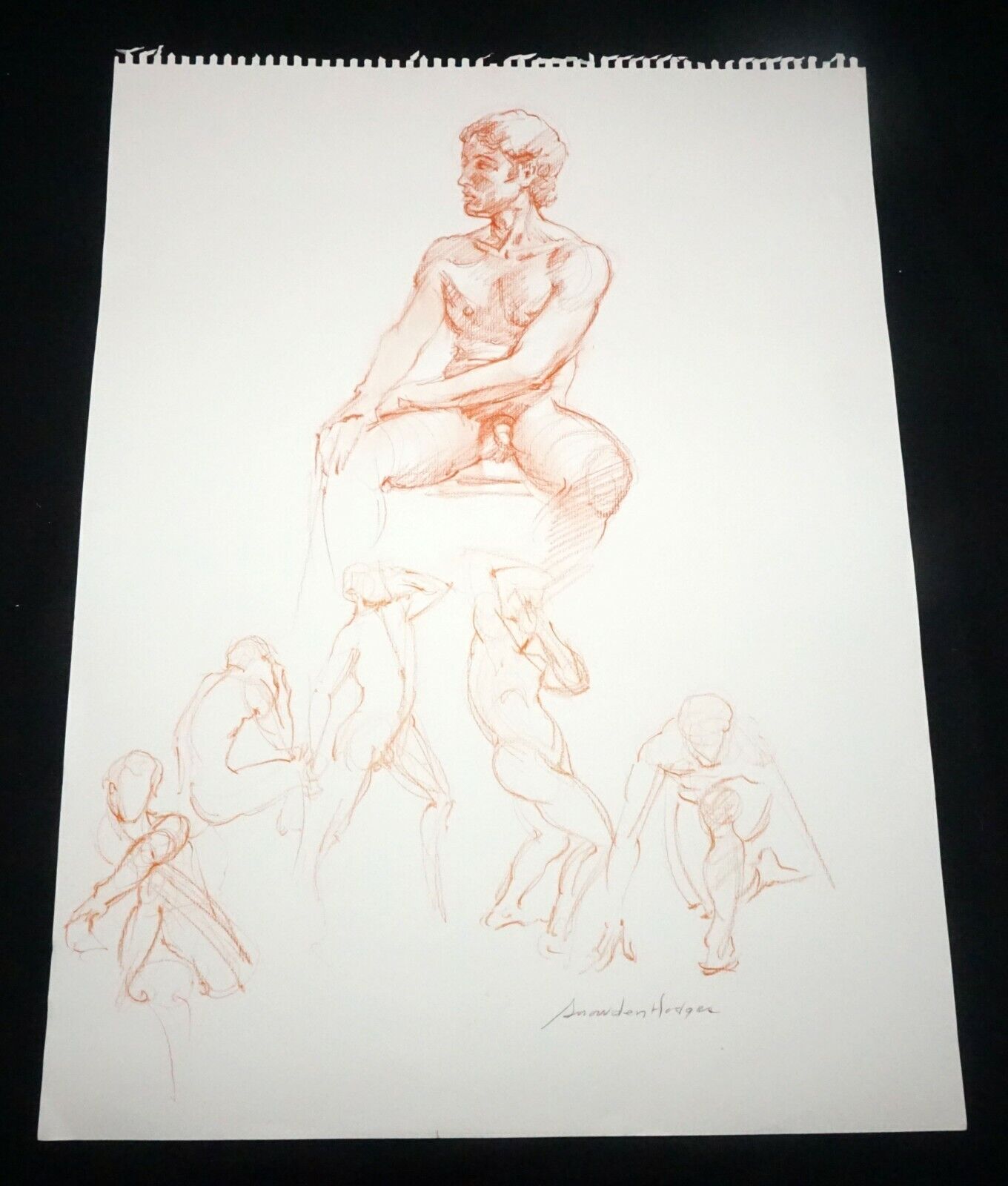 Hawaii Conte Crayon Drawing Seated Young Male Nude Snowden Hodges (Sho)#37