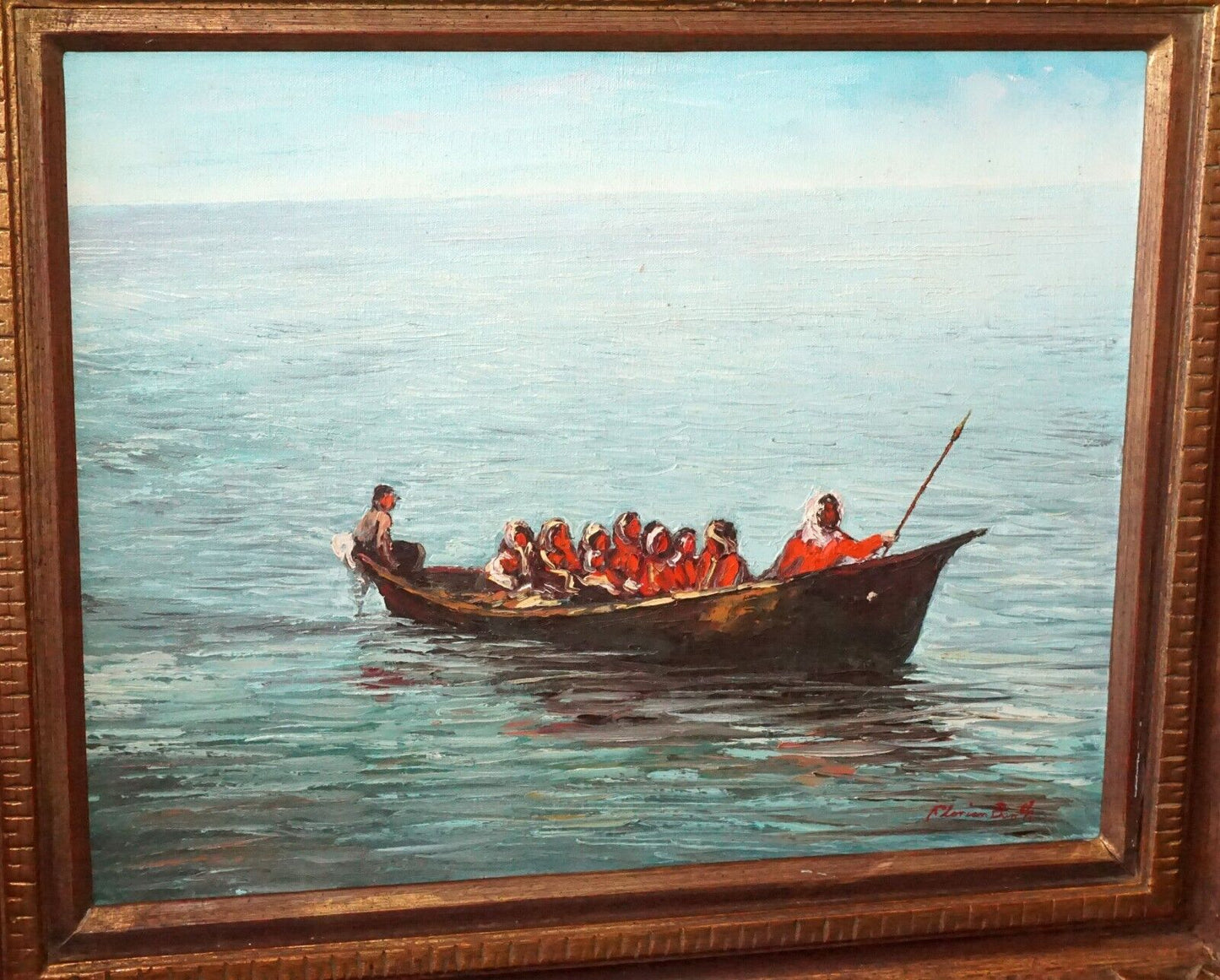 Vintage US Framed Oil Painting Native American in a Boat by Florian Barth (New)
