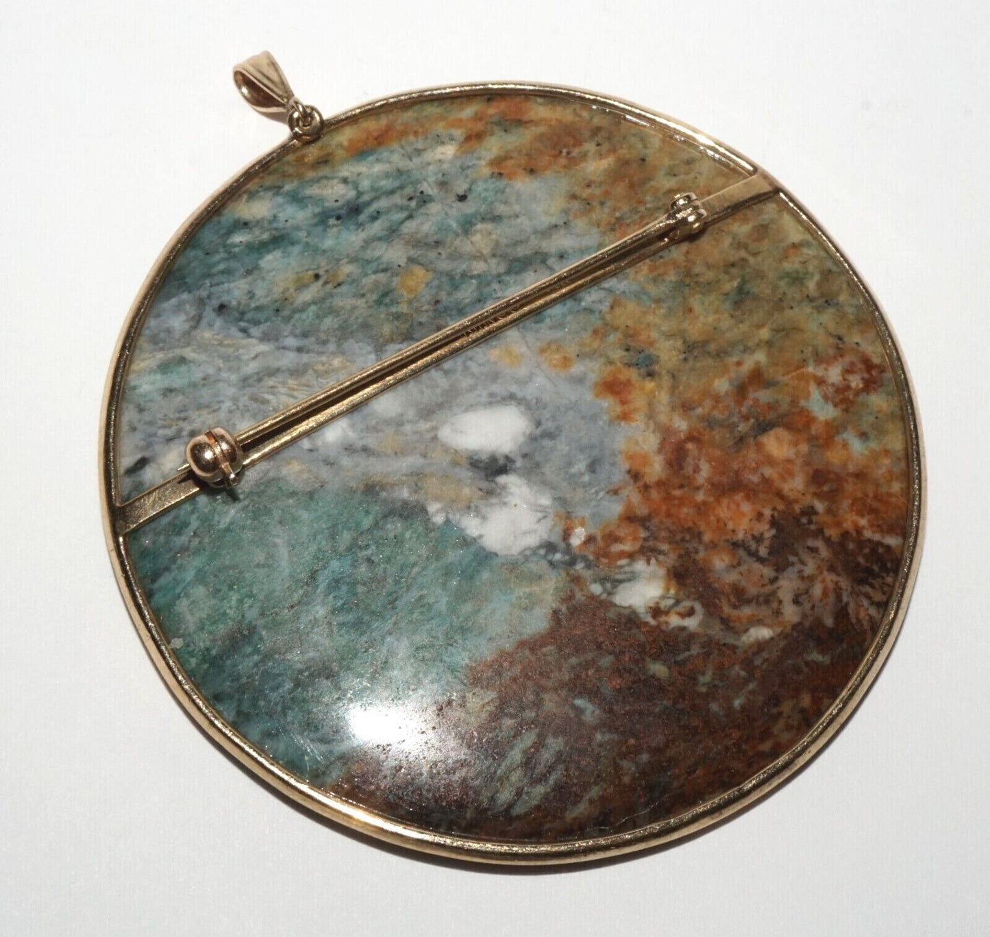 Chinese 14K Yellow Gold Brooch Pendant w. Picture Jade Disk by Ming's (LeS) G10
