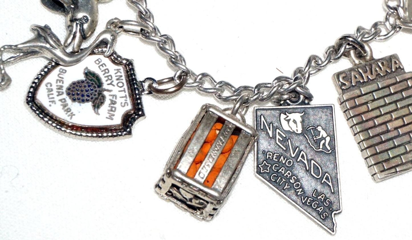 Vintage Sterling Silver Charm Bracelet w. 16x Travel & City Charms (BrM)#6