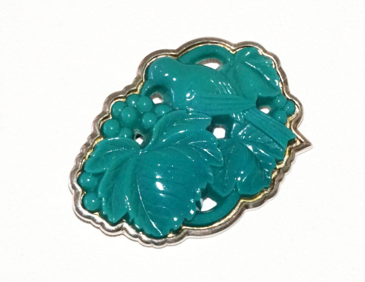 20 Chinese Sterling Silver Set Turquoise-like Bird & Leaf Motif Brooch (RgR