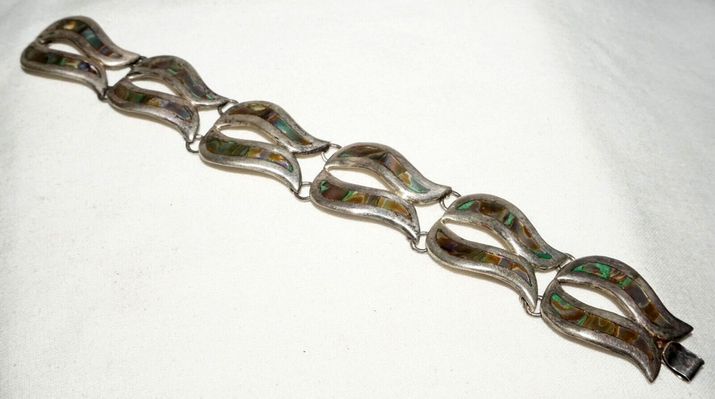 Vintage Mexican Modernist Sterling Silver & MoP Link Bracelet by DHS (TuD)