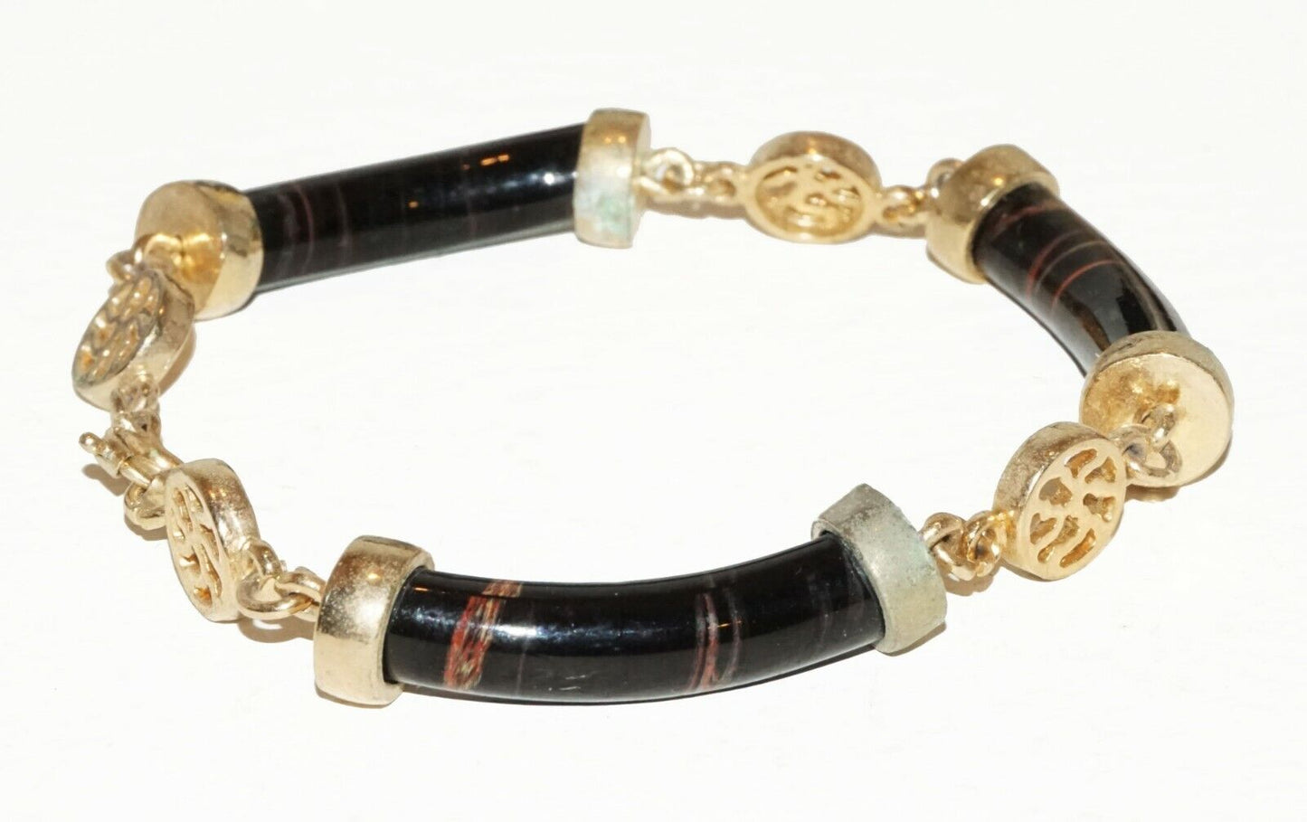Chinese Gold-plated Black Coral Sectional Bracelet w. Character Motif (BrM)#7