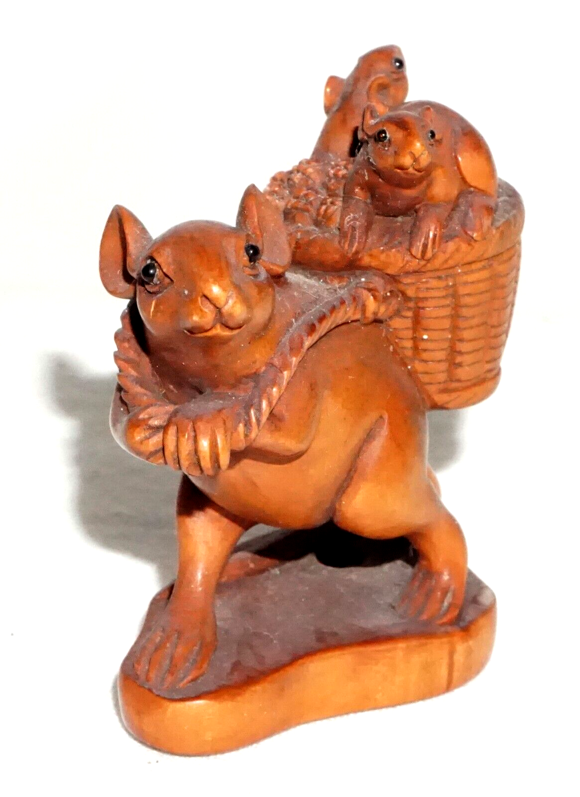 Vintage Japanese Carved Wooden Netsuke Mouse w. Basket & Babies (FeH