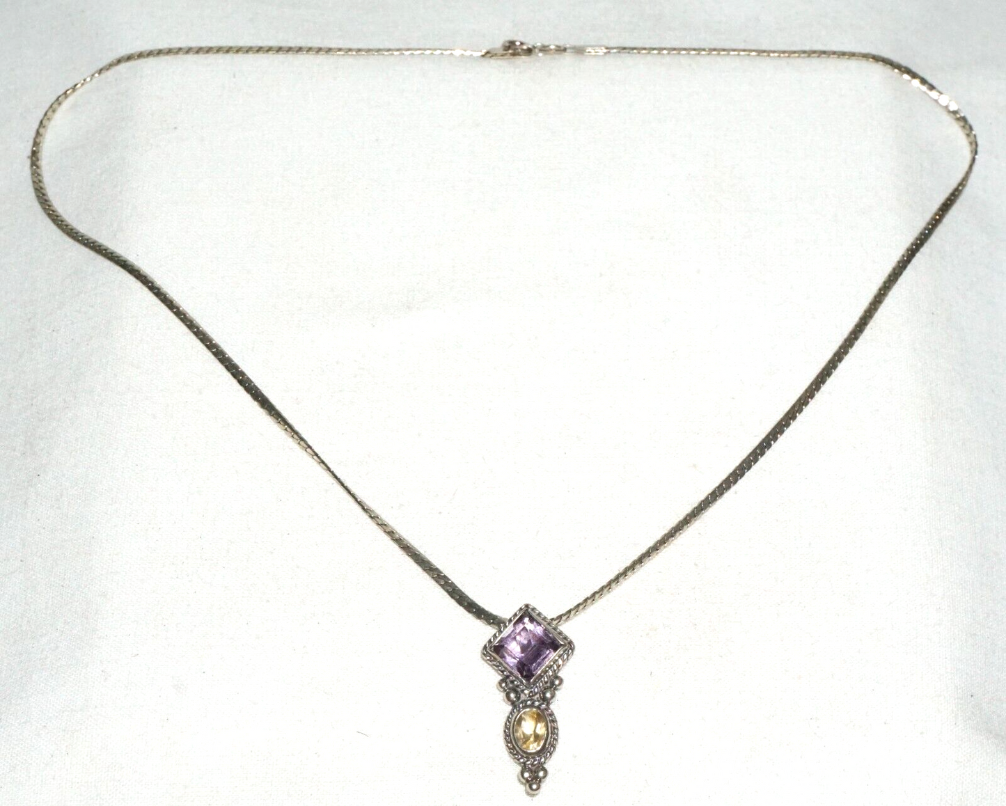 Vintage Sterling Silver Necklace w. Pendant w. 1x Amethyst & Golden Topaz (---)