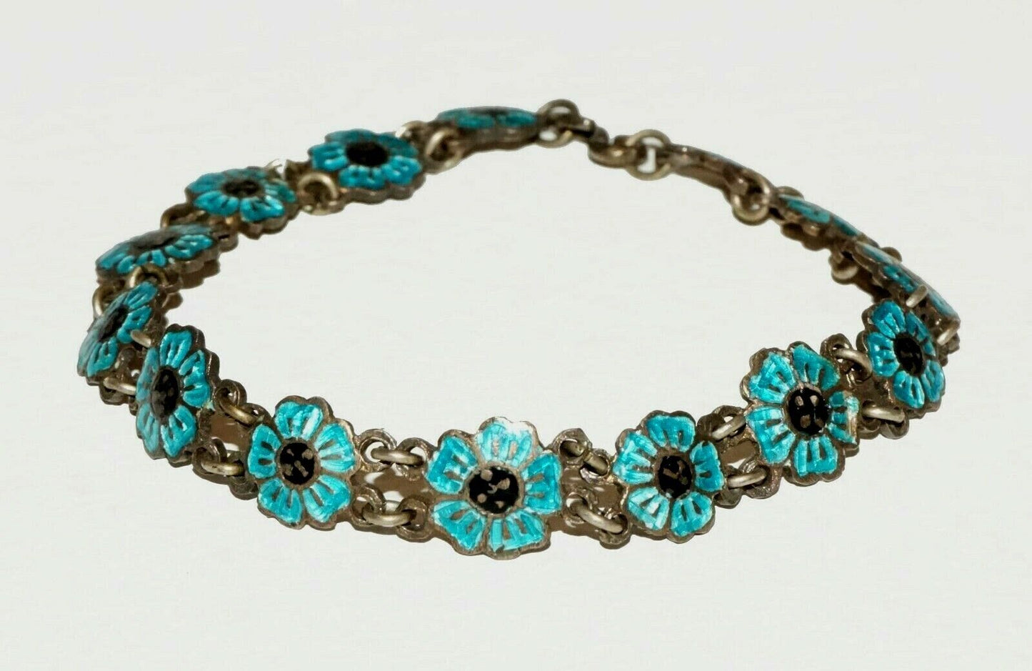 Chinese Brass & Blue Enamel Flower Motif Link Bracelet (BrM)#6