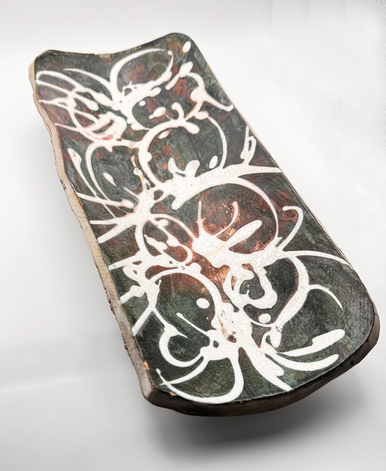 Vintage Abstract Deep Red & Green Swirled Ceramic Platter by David Kuraoka (MoM)