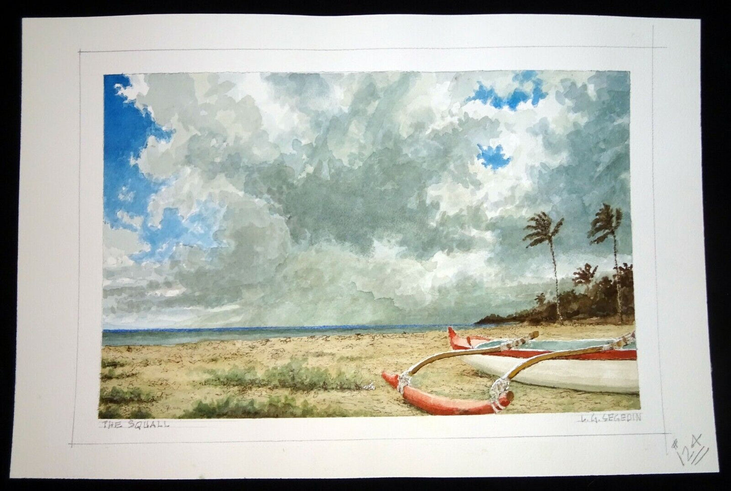 Hawaii Watercolor Painting The Squall & Beached Outrigger by by L. Segedin #124